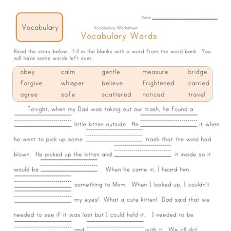 2nd grade vocabulary fill in the blank worksheets